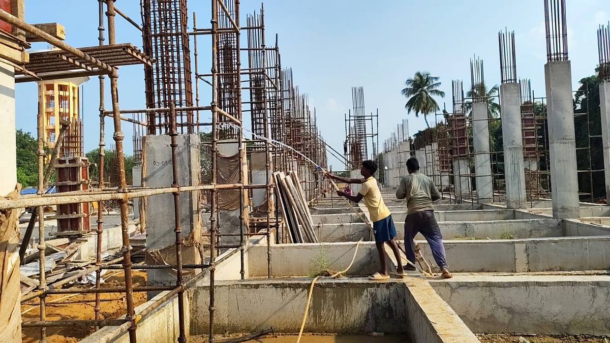 Column work and curing at the SVNIRTAR hospital site, Olatpur, Cuttack